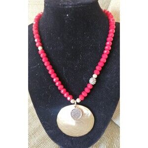 CHICO'S DESIGNER Hammered MEDALLION W/ HEMATITE SPARKLE  RED FACETED NECKLACE